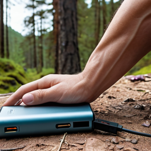 Home 4 **
A person outdoors on a camping trip, using a CE-marked power bank to charge multiple devices. Focus on a modern, reliable-looking power bank with visible safety certifications. The setting should emphasize a practical use case, not just a product shot.
**