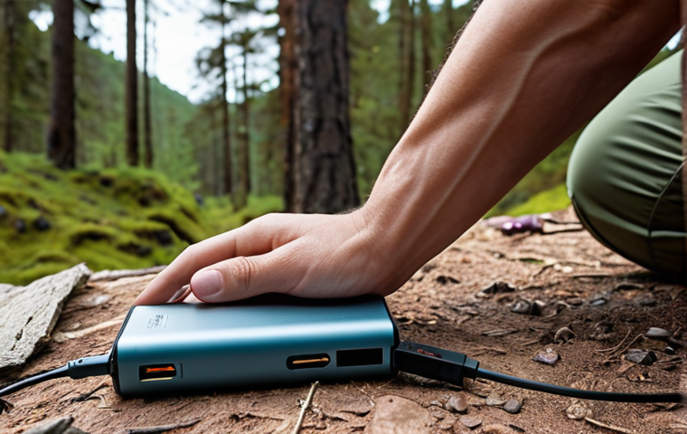 **
A person outdoors on a camping trip, using a CE-marked power bank to charge multiple devices. Focus on a modern, reliable-looking power bank with visible safety certifications. The setting should emphasize a practical use case, not just a product shot.
**